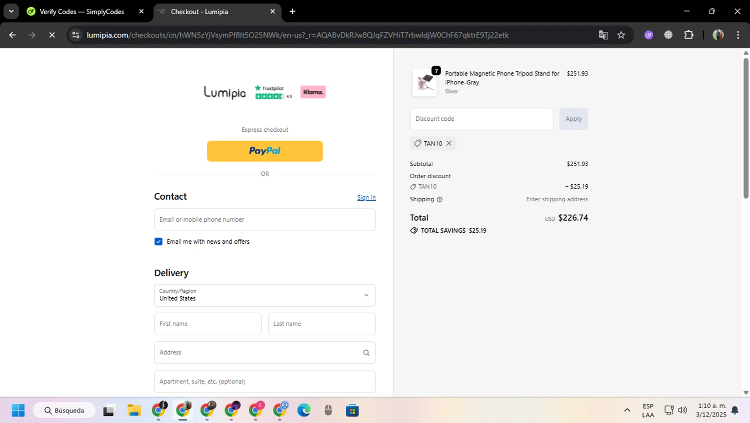 Lumipia promo code screenshot showing code TAN10 applied at Lumipia checkout page. Uploaded by SimplyCodes community member MoneySentinel7597 on Dec 3, 2025