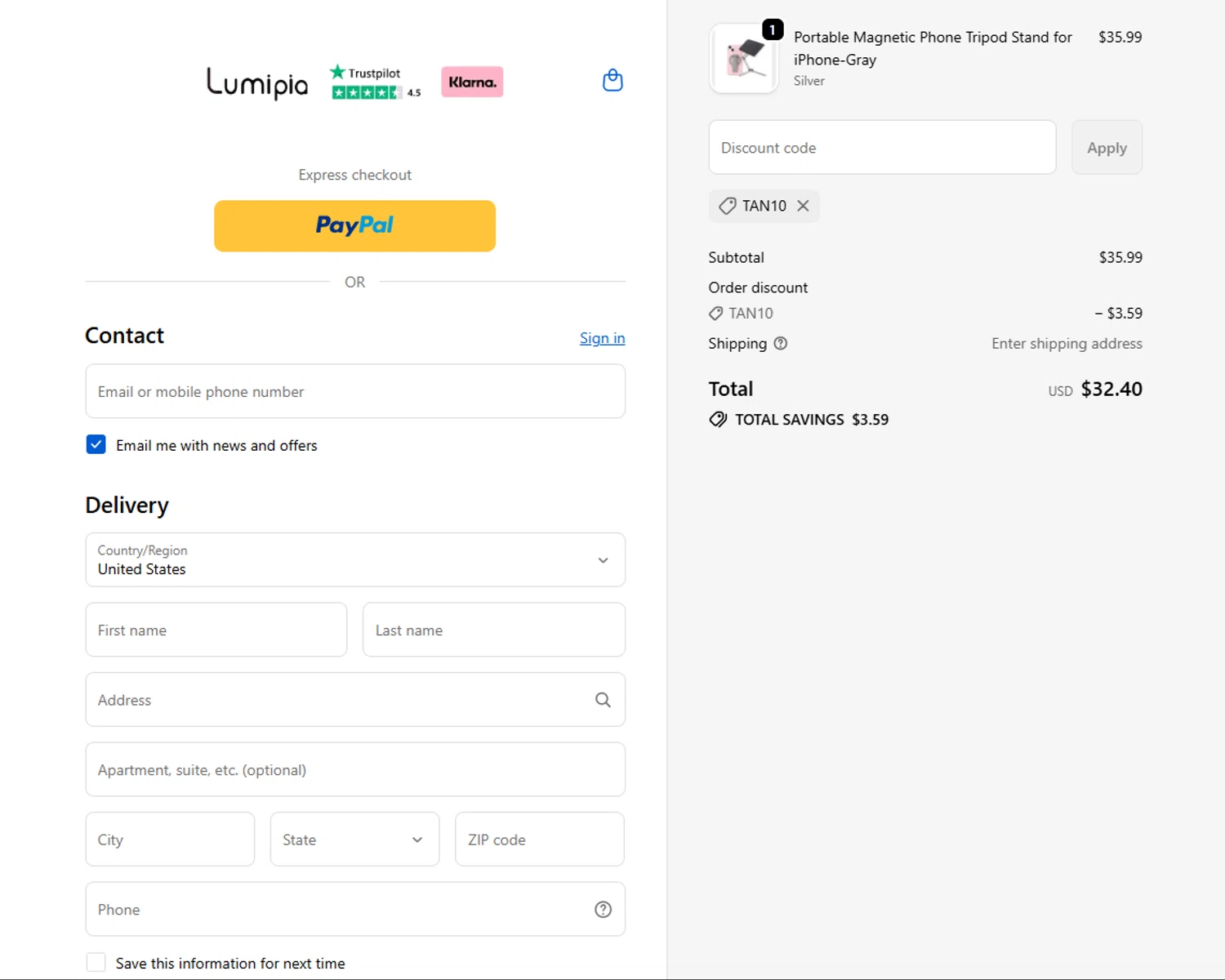 Lumipia promo code screenshot showing code TAN10 applied at Lumipia checkout page. Uploaded by SimplyCodes community member ShrewdMaestro6940 on Oct 30, 2025