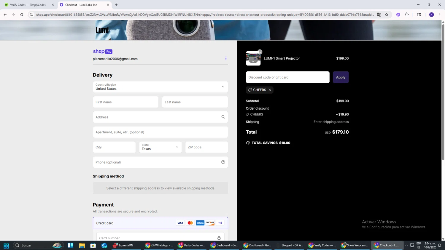 Lumi Projector discount code screenshot showing code CHEERS applied at Lumi Projector checkout page. Uploaded by SimplyCodes community member AberthGotopo on Jun 10, 2025