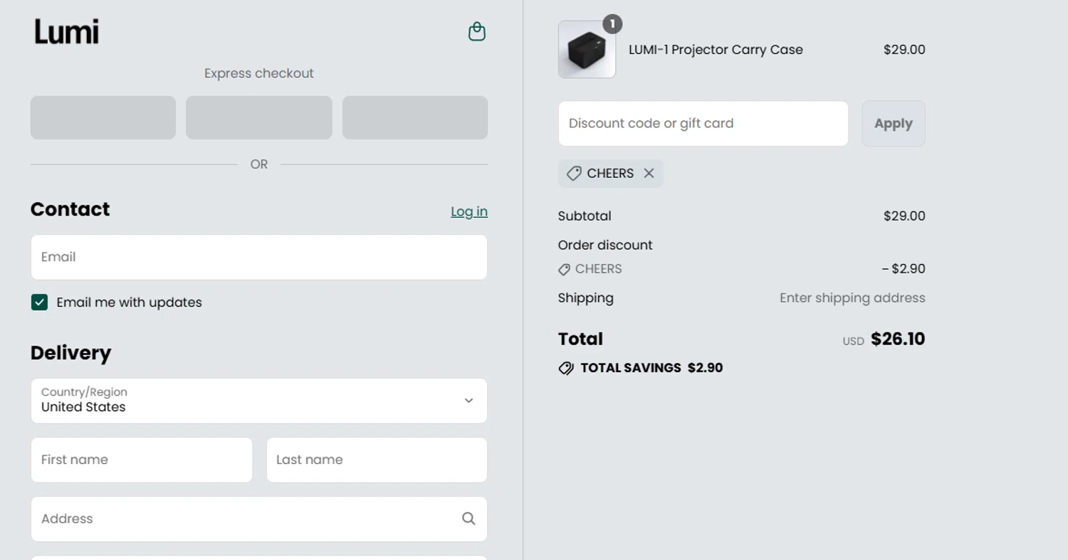 Lumi Projector discount code screenshot showing code CHEERS applied at Lumi Projector checkout page. Uploaded by SimplyCodes community member BYEEEE on Sep 3, 2025