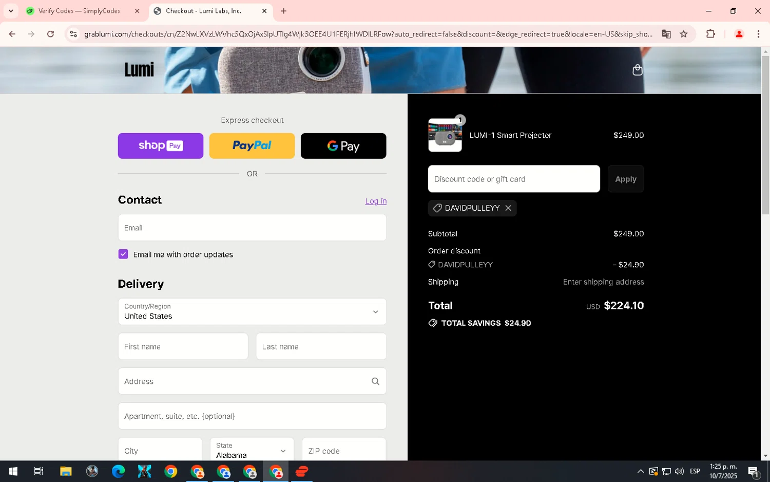 Lumi Projector discount code screenshot showing code DAVIDPULLEYY applied at Lumi Projector checkout page. Uploaded by SimplyCodes community member WiseHero7115 on Jul 10, 2025