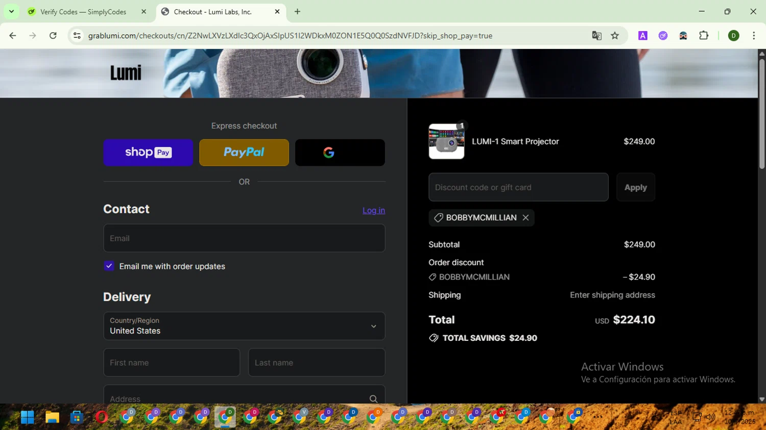 Lumi Projector discount code screenshot showing code BOBBYMCMILLIAN applied at Lumi Projector checkout page. Uploaded by SimplyCodes community member BargainGuardian5495 on Jul 10, 2025