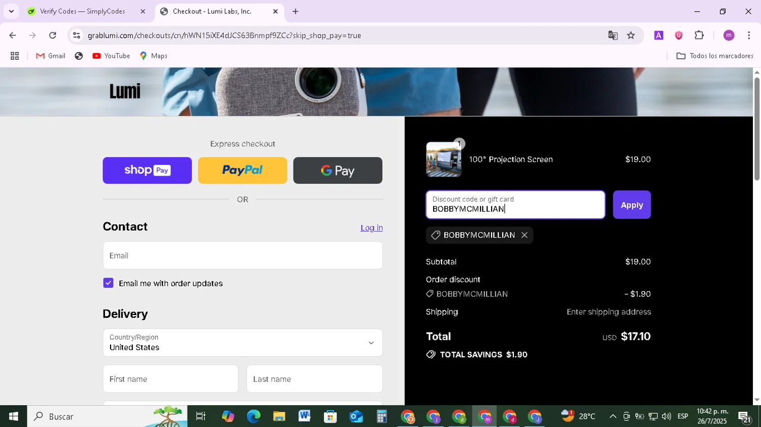 Lumi Projector discount code screenshot showing code BOBBYMCMILLIAN applied at Lumi Projector checkout page. Uploaded by SimplyCodes community member BudgetMonarch8952 on Jul 27, 2025