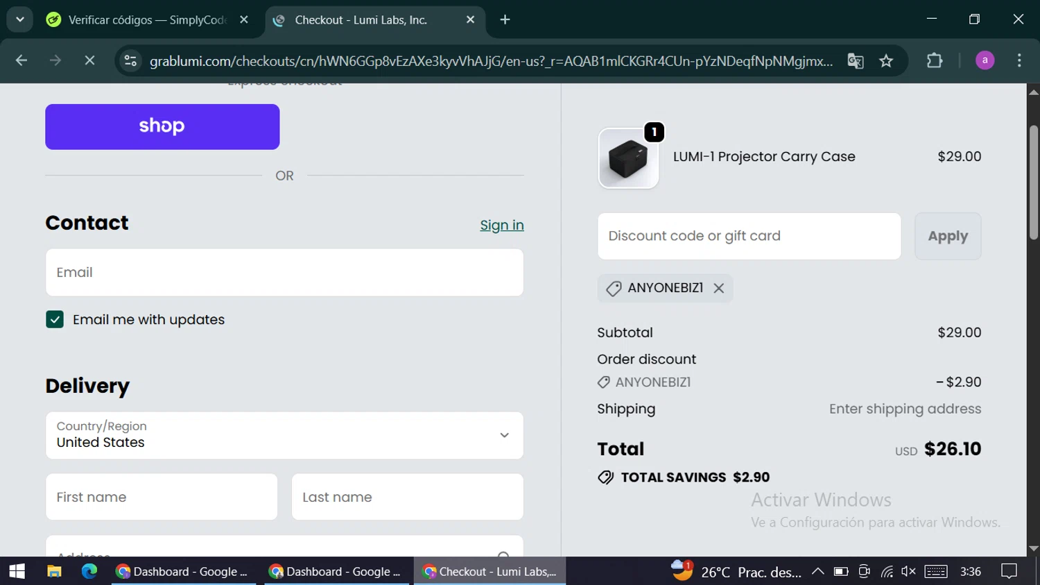 Lumi Projector discount code screenshot showing code ANYONEBIZ1 applied at Lumi Projector checkout page. Uploaded by SimplyCodes community member alexandracarolina on Dec 10, 2025
