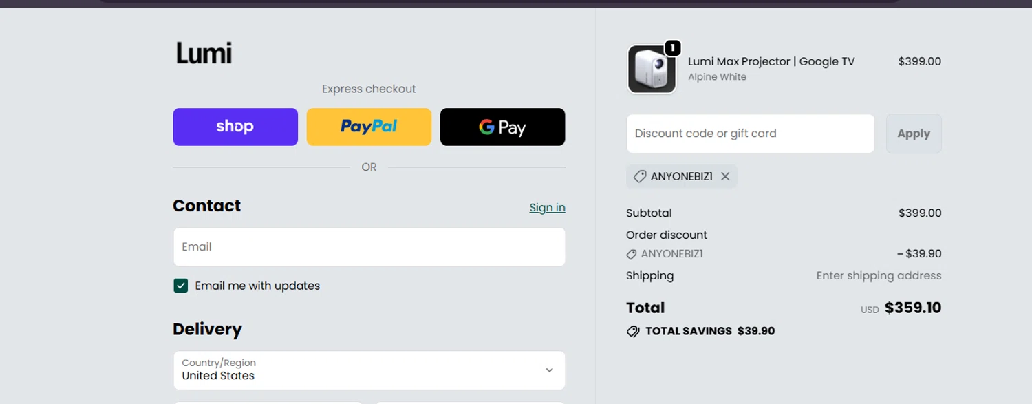 Lumi Projector discount code screenshot showing code ANYONEBIZ1 applied at Lumi Projector checkout page. Uploaded by SimplyCodes community member ashe1986 on Oct 3, 2025