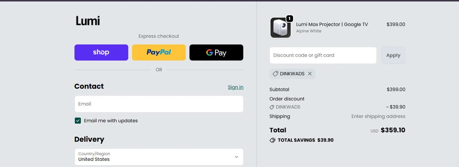 Lumi Projector discount code screenshot showing code DINKWADS applied at Lumi Projector checkout page. Uploaded by SimplyCodes community member ashe1986 on Oct 3, 2025
