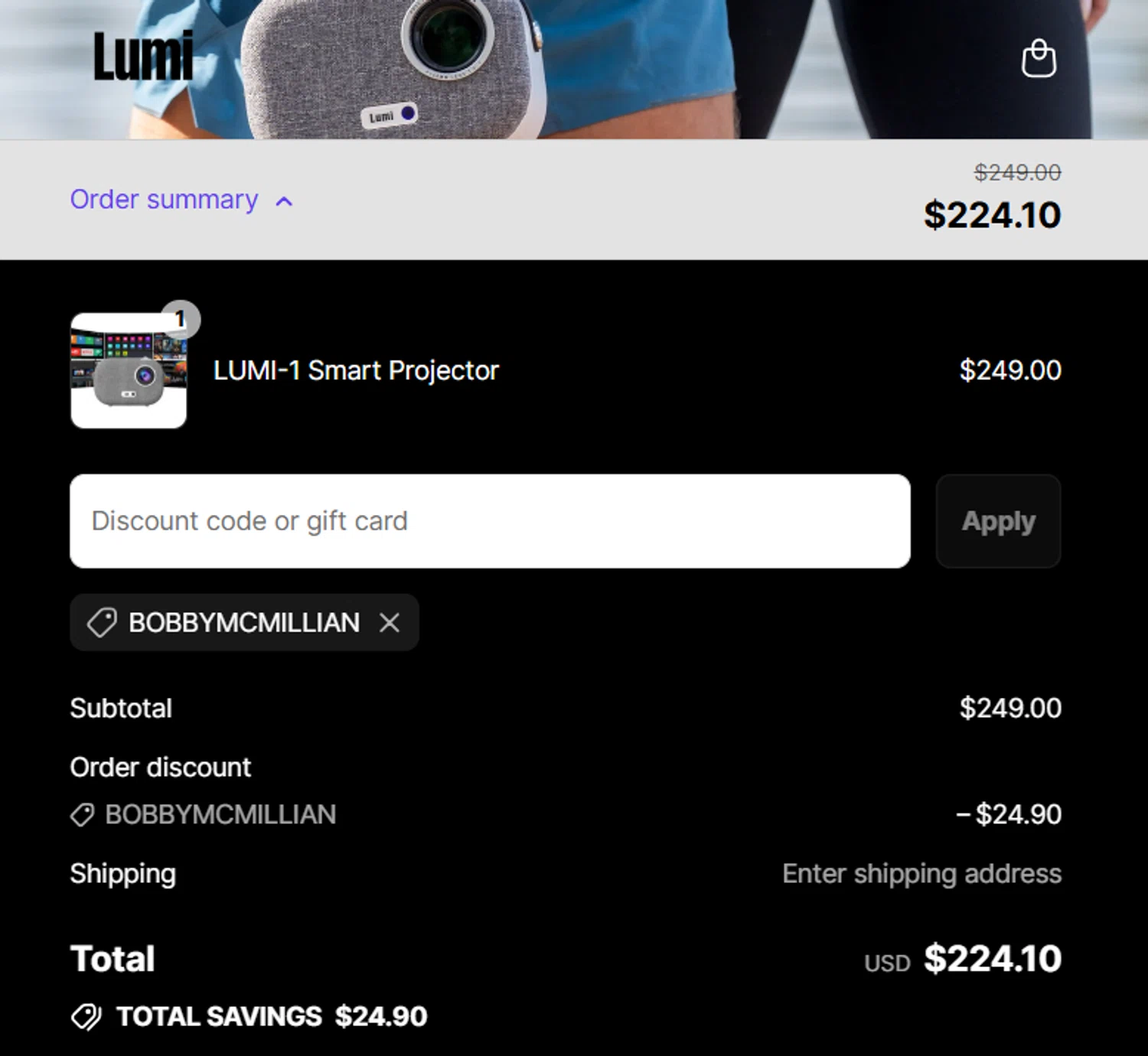 Lumi Projector discount code screenshot showing code BOBBYMCMILLIAN applied at Lumi Projector checkout page. Uploaded by SimplyCodes community member becomeaware on Jul 10, 2025