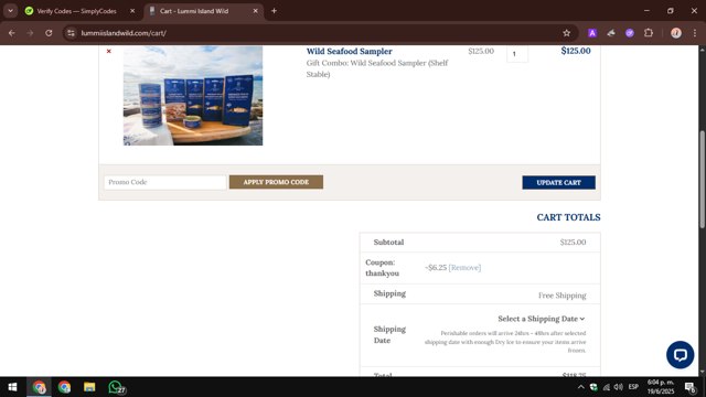 Lummi Island Wild checkout page showing Lummi Island Wild promo code box | Screenshot taken by SimplyCodes community member on Jun 19, 2025