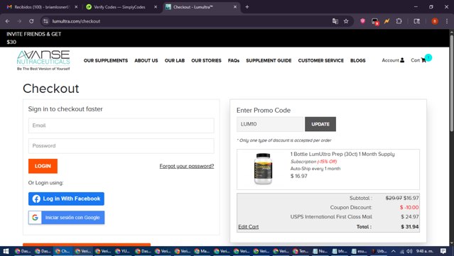 LumUltra checkout page showing LumUltra promo code box | Screenshot taken by SimplyCodes community member on Jul 29, 2025