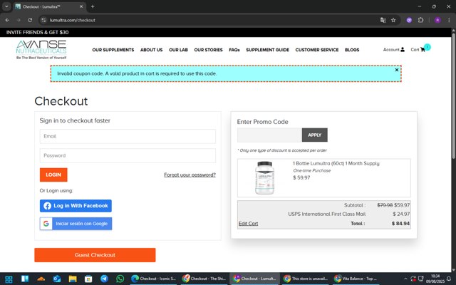 LumUltra checkout page showing LumUltra promo code box | Screenshot taken by SimplyCodes community member on Aug 9, 2025