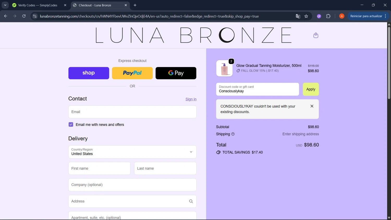 Luna Bronze promo code screenshot showing code Consciouslykay applied at Luna Bronze checkout page. Uploaded by SimplyCodes community member GoldChaser2970 on Oct 26, 2025