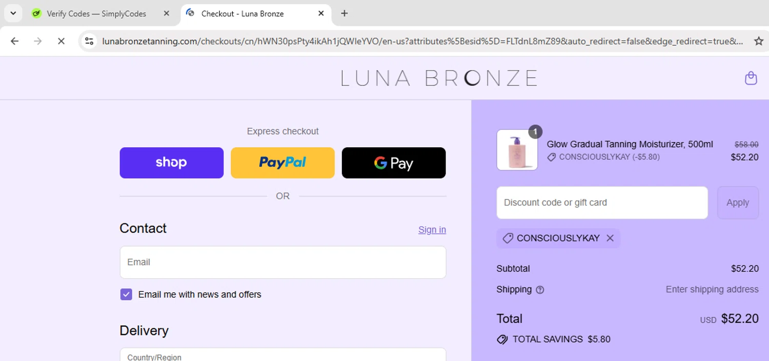 Luna Bronze promo code screenshot showing code Consciouslykay applied at Luna Bronze checkout page. Uploaded by SimplyCodes community member Mykeanderon on Sep 15, 2025