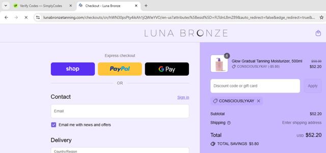 Luna Bronze checkout page showing Luna Bronze promo code box | Screenshot taken by SimplyCodes community member on Sep 15, 2025