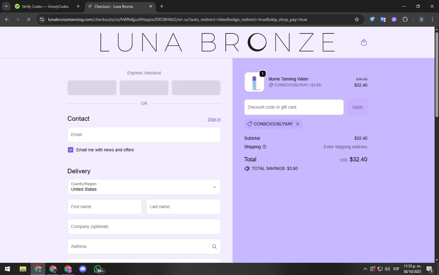 Luna Bronze promo code screenshot showing code Consciouslykay applied at Luna Bronze checkout page. Uploaded by SimplyCodes community member youngchecker2 on Oct 31, 2025