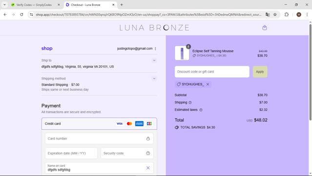 Luna Bronze checkout page showing Luna Bronze promo code box | Screenshot taken by SimplyCodes community member on Sep 15, 2025