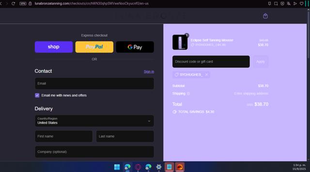 Luna Bronze checkout page showing Luna Bronze promo code box | Screenshot taken by SimplyCodes community member on Sep 15, 2025