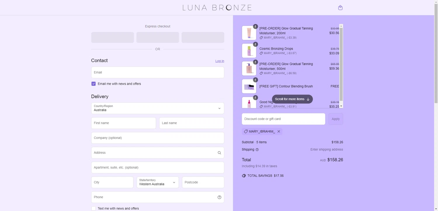 Luna Bronze promo code screenshot showing code Mary_ibrahim_ applied at Luna Bronze checkout page. Uploaded by SimplyCodes community member ValiantAce1810 on May 24, 2025