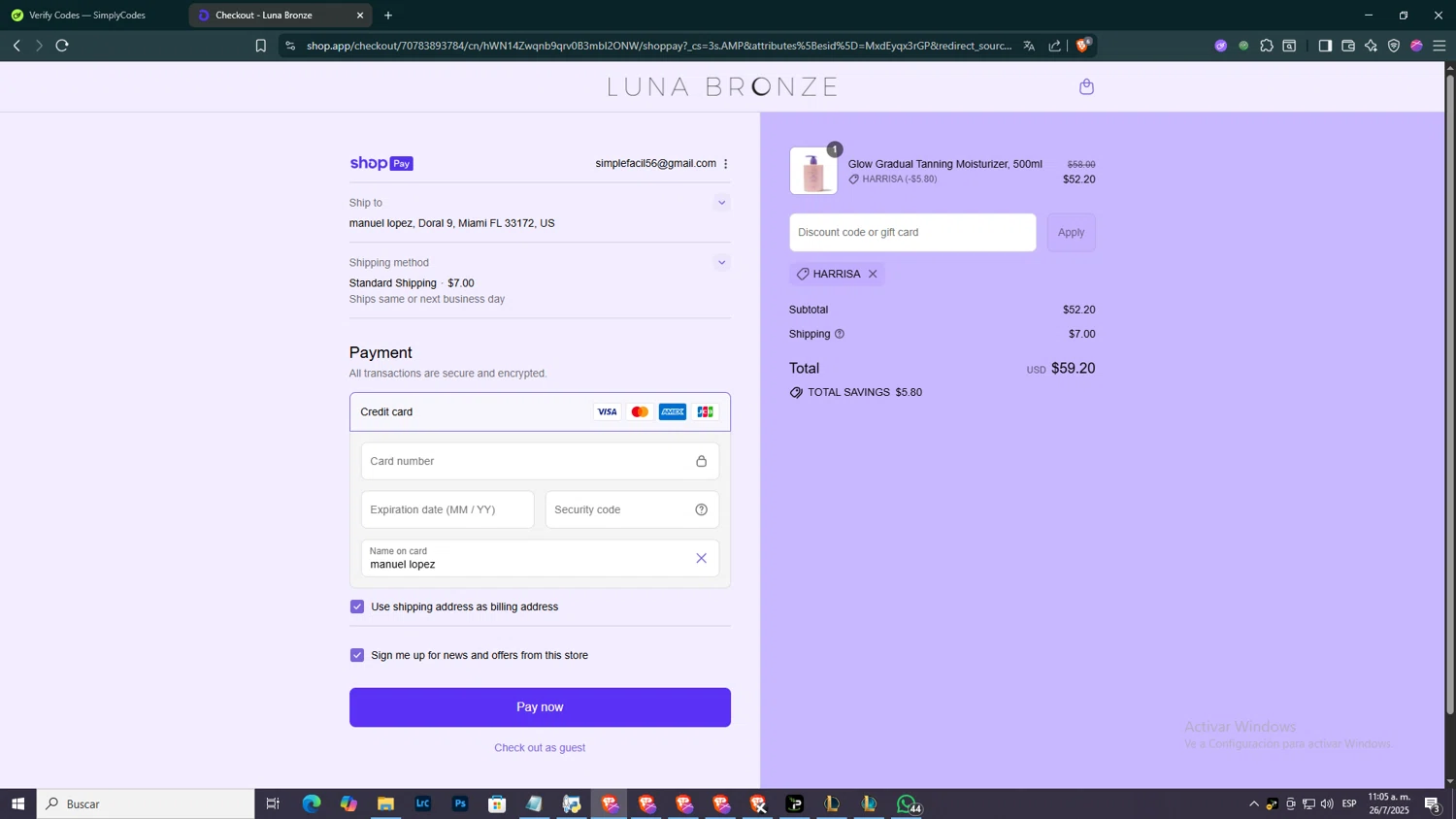 Luna Bronze promo code screenshot showing code HARRISA applied at Luna Bronze checkout page. Uploaded by SimplyCodes community member SmartGuardian6731 on Jul 26, 2025