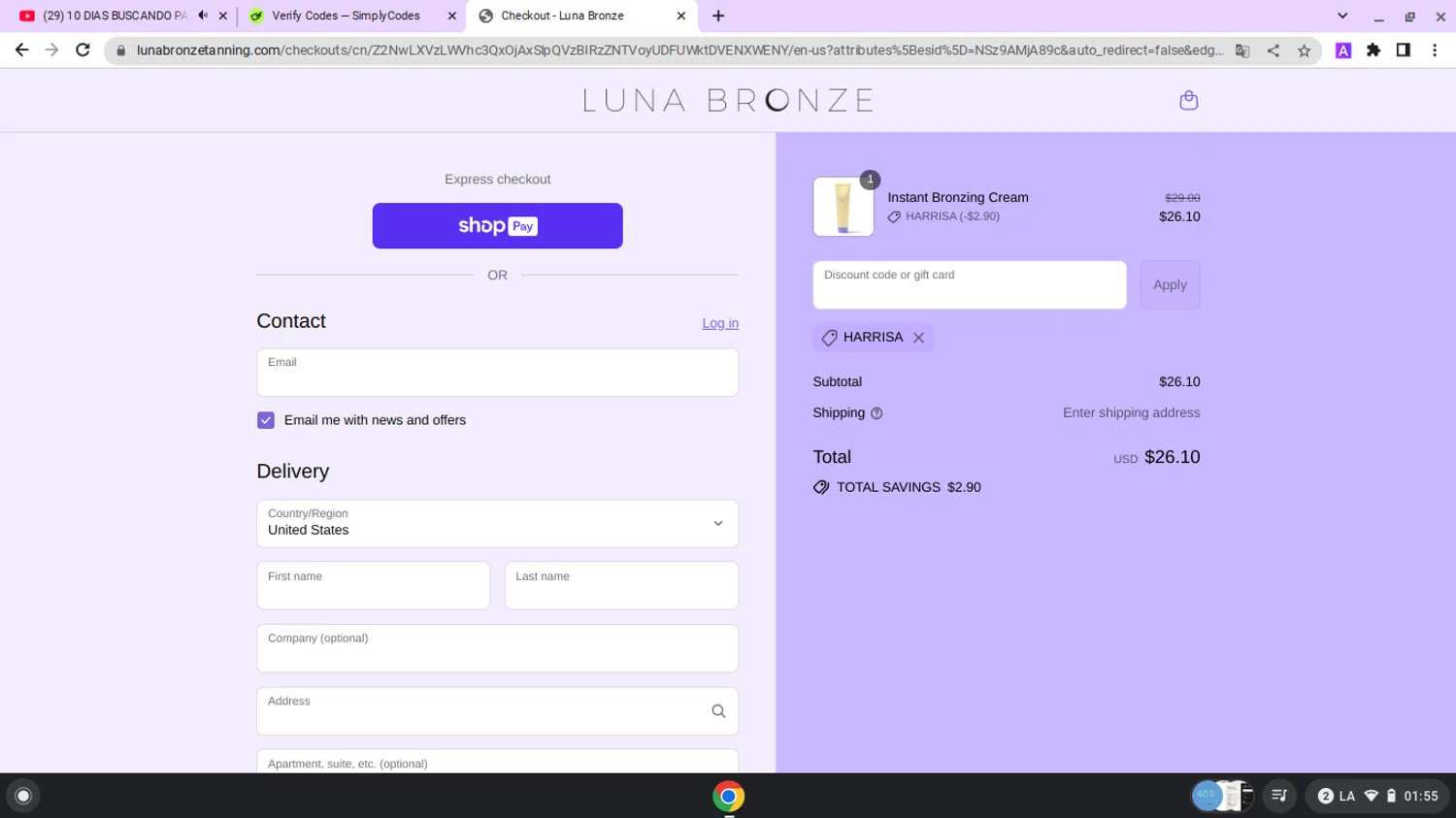 Luna Bronze promo code screenshot showing code HARRISA applied at Luna Bronze checkout page. Uploaded by SimplyCodes community member lapampita on Jul 9, 2025