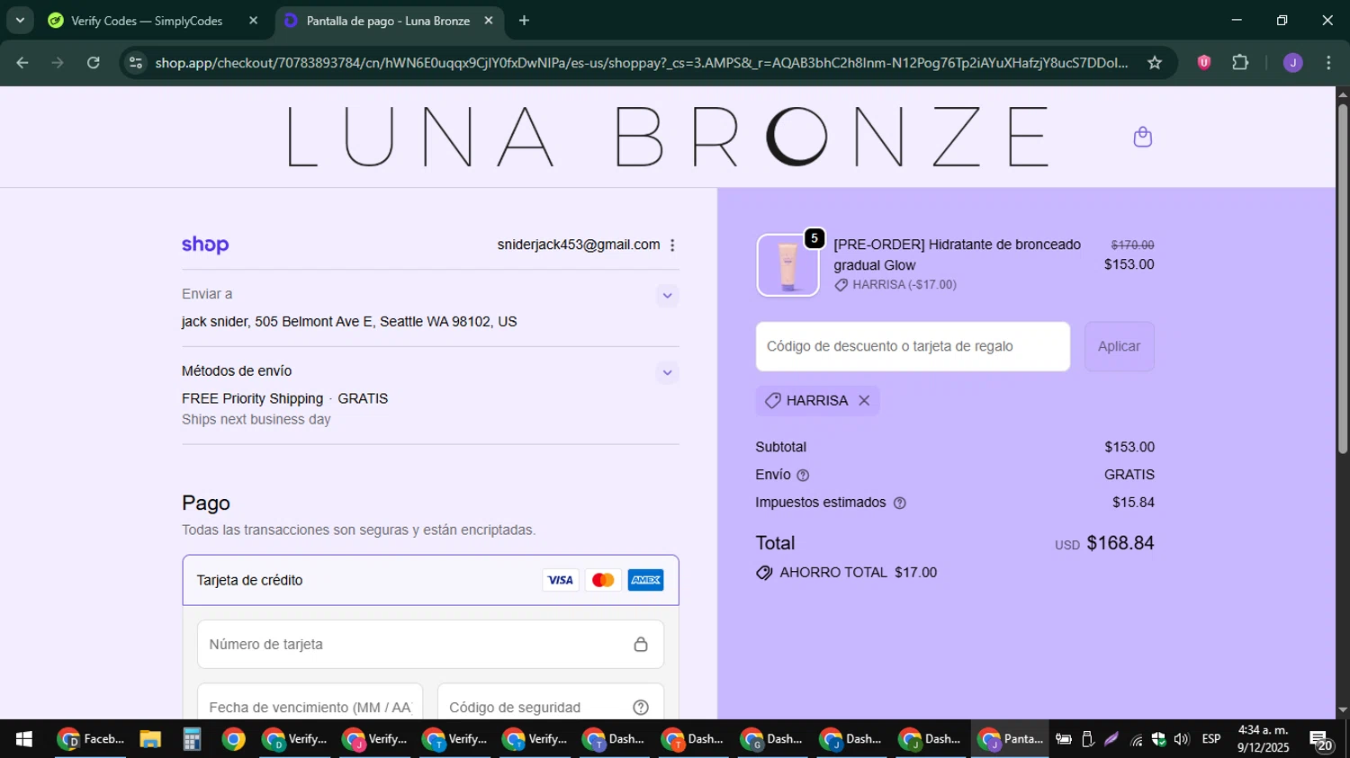 Luna Bronze promo code screenshot showing code HARRISA applied at Luna Bronze checkout page. Uploaded by SimplyCodes community member sniderjack453 on Dec 9, 2025
