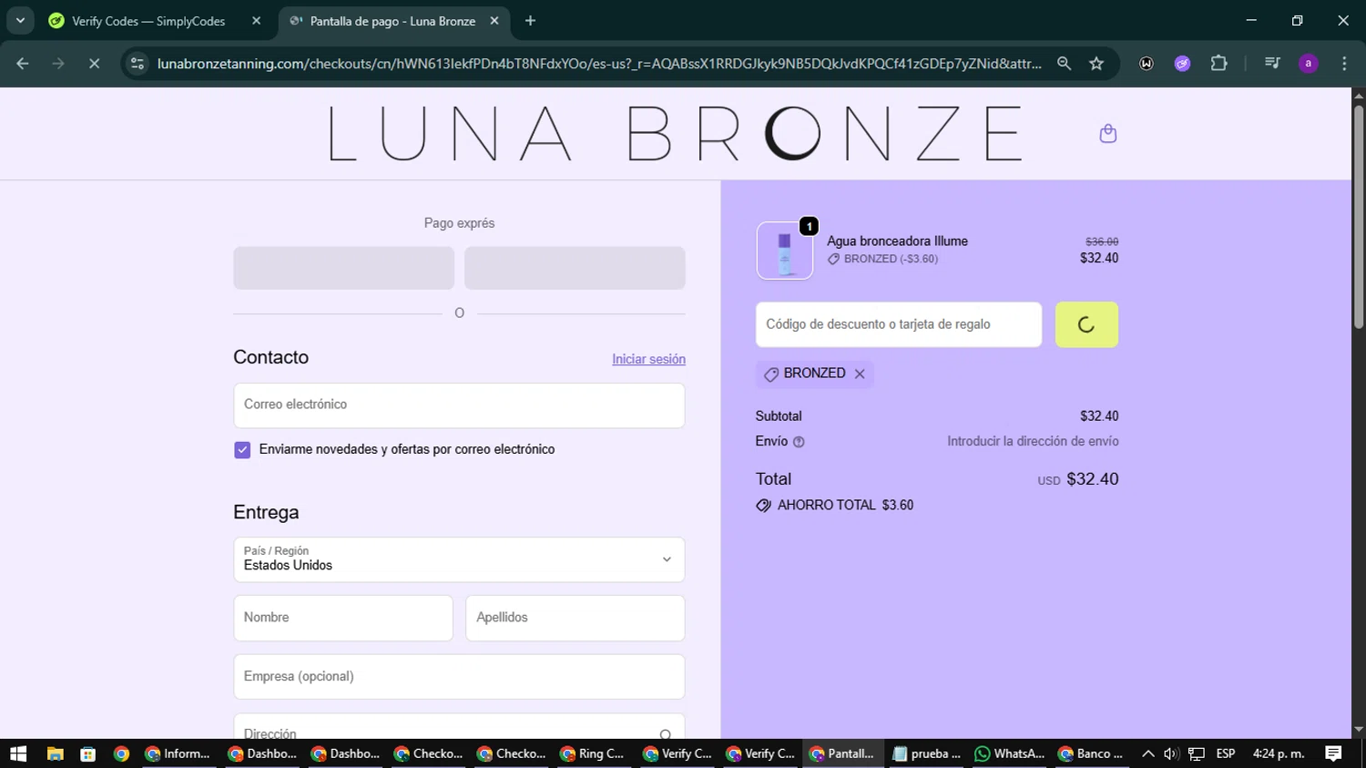 Luna Bronze promo code screenshot showing code BRONZED applied at Luna Bronze checkout page. Uploaded by SimplyCodes community member CoinElite8997 on Dec 3, 2025