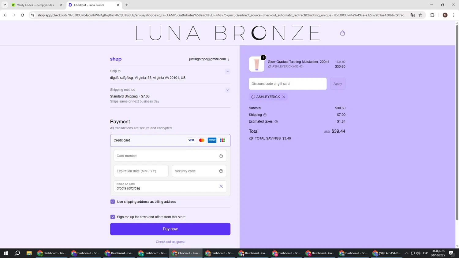 Luna Bronze promo code screenshot showing code ASHLEYERICK applied at Luna Bronze checkout page. Uploaded by SimplyCodes community member KTMCRF on Oct 31, 2025