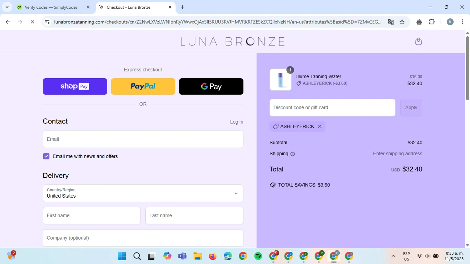 Luna Bronze promo code screenshot showing code ASHLEYERICK applied at Luna Bronze checkout page. Uploaded by SimplyCodes community member ValiantCaptain6560 on May 11, 2025