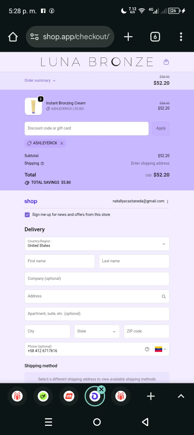 Luna Bronze promo code screenshot showing code ASHLEYERICK applied at Luna Bronze checkout page. Uploaded by SimplyCodes community member Eltoro20 on Oct 28, 2025