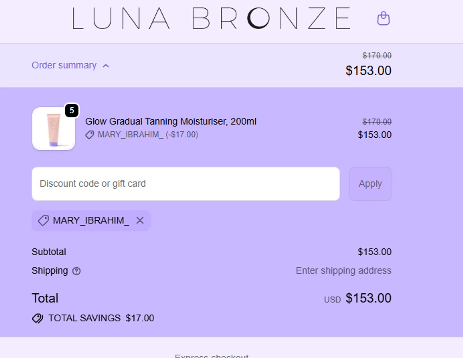 Luna Bronze promo code screenshot showing code Mary_ibrahim_ applied at Luna Bronze checkout page. Uploaded by SimplyCodes community member dadgmnsaegwr234223367igh on Oct 8, 2025