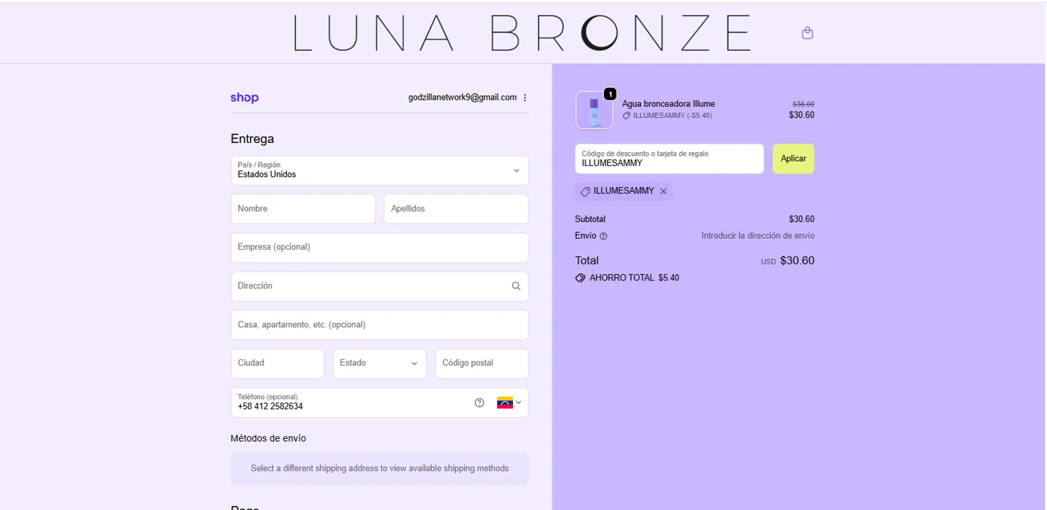Luna Bronze promo code screenshot showing code ILLUMESAMMY applied at Luna Bronze checkout page. Uploaded by SimplyCodes community member dimitriv on Dec 27, 2025
