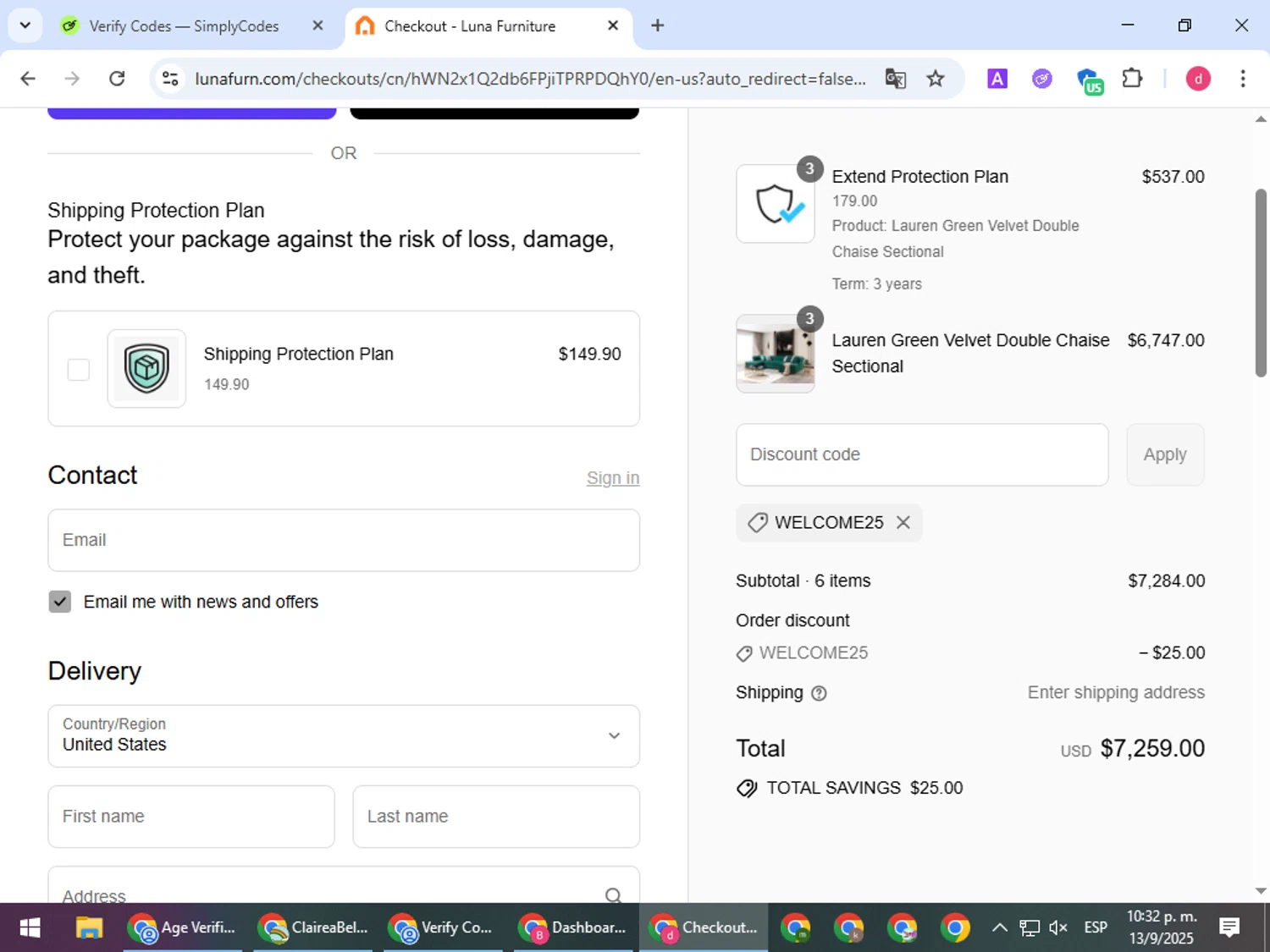 Luna Furniture discount code screenshot showing code WELCOME25 applied at Luna Furniture checkout page. Uploaded by SimplyCodes community member BudgetVoyager5452 on Sep 14, 2025