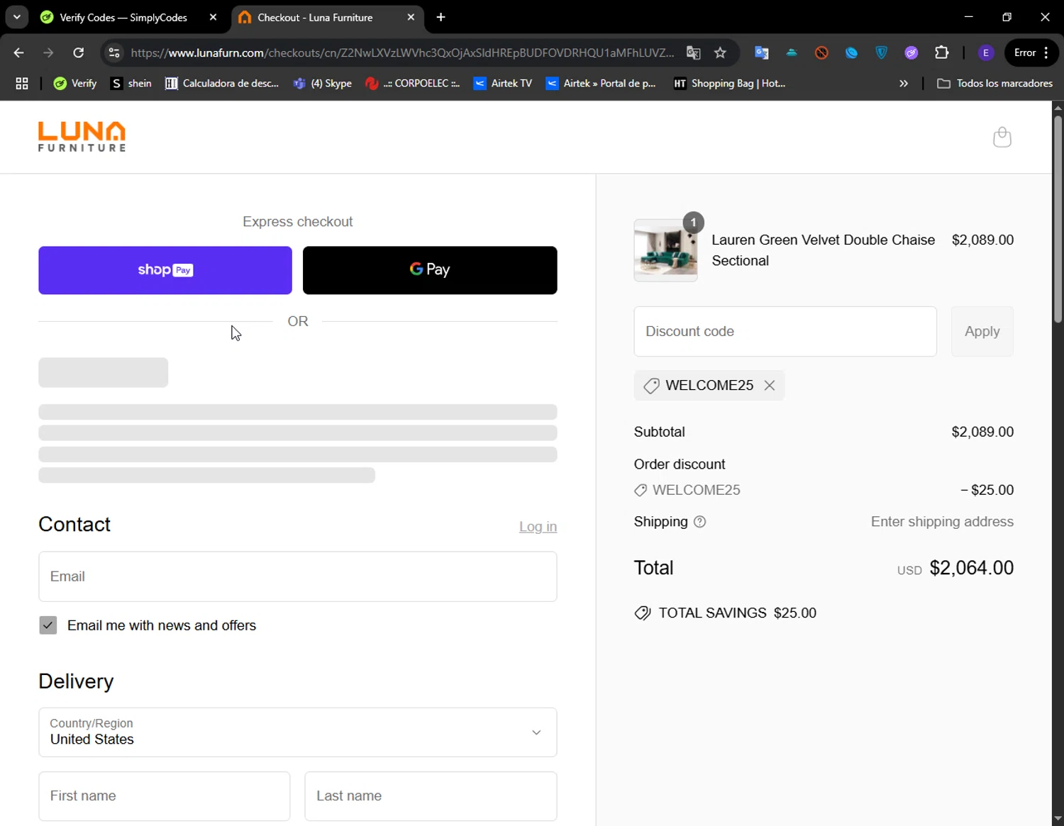 Luna Furniture discount code screenshot showing code WELCOME25 applied at Luna Furniture checkout page. Uploaded by SimplyCodes community member LuckyFinder274 on May 30, 2025