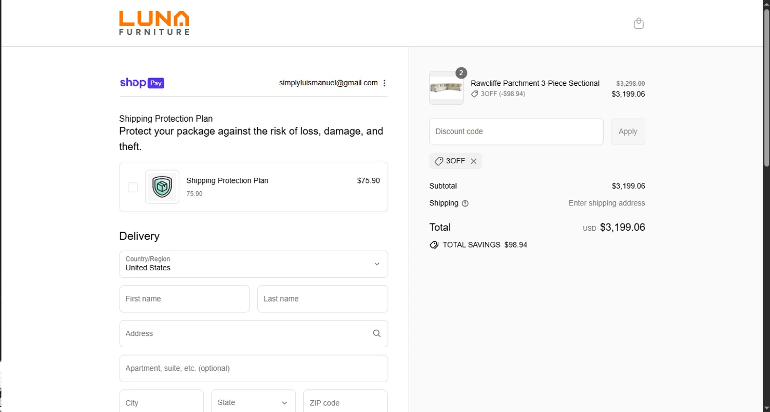 Luna Furniture discount code screenshot showing code 3OFF applied at Luna Furniture checkout page. Uploaded by SimplyCodes community member CouponHero3179 on Jul 28, 2025