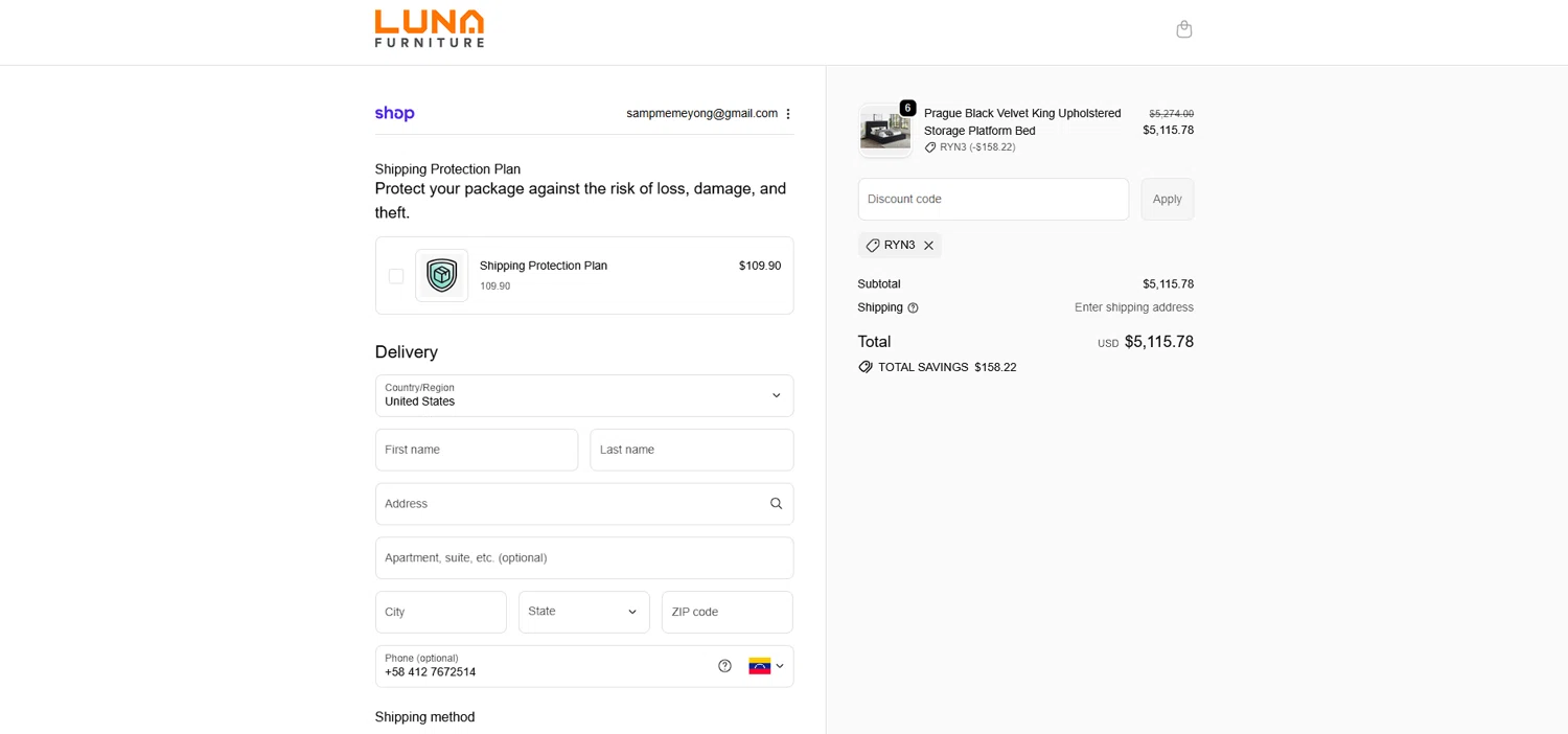 Luna Furniture discount code screenshot showing code RYN3 applied at Luna Furniture checkout page. Uploaded by SimplyCodes community member DECOPENH on Oct 19, 2025