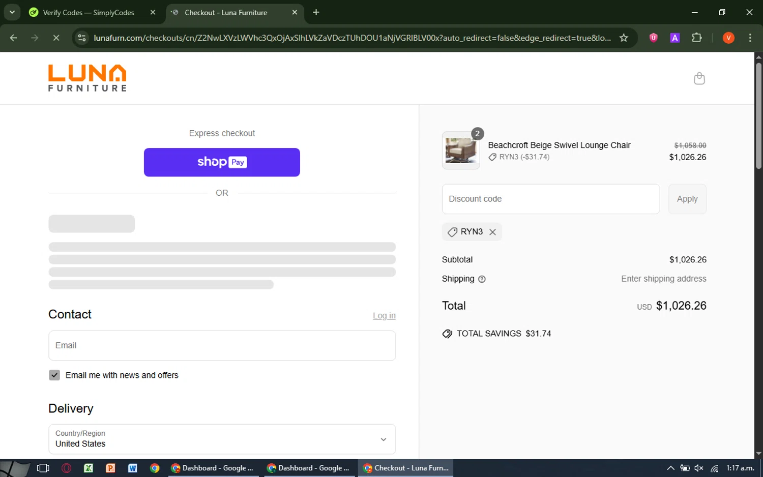 Luna Furniture discount code screenshot showing code RYN3 applied at Luna Furniture checkout page. Uploaded by SimplyCodes community member SavingsCaptain8190 on Jun 13, 2025