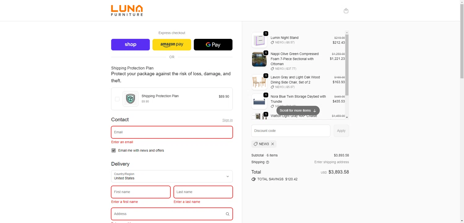 Luna Furniture discount code screenshot showing code NEW3 applied at Luna Furniture checkout page. Uploaded by SimplyCodes community member SwiftCurator4059 on Feb 1, 2026