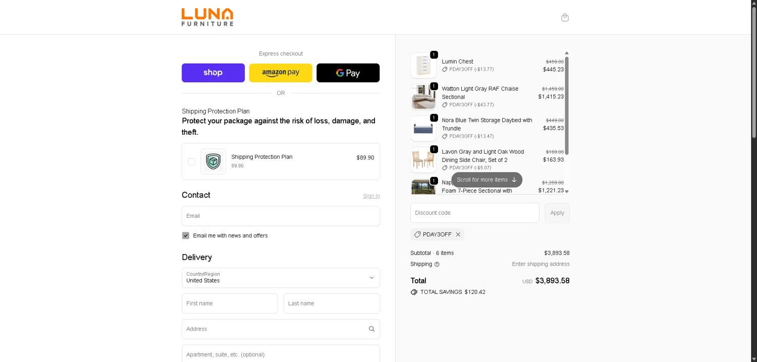 Luna Furniture checkout page showing Luna Furniture discount code box | Screenshot taken by SimplyCodes community member on Feb 7, 2026