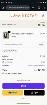 LOVELUNA coupon verification screenshot
