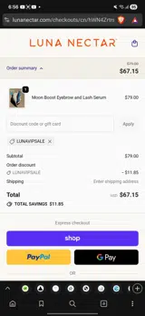 LUNAVIPSALE coupon verification screenshot