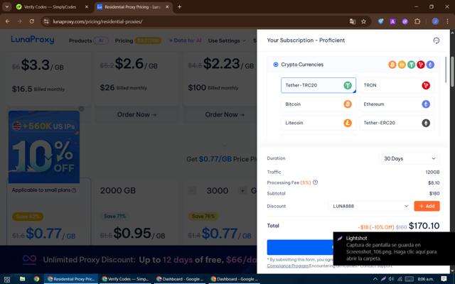 Lunaproxy checkout page showing Lunaproxy promo code box | Screenshot taken by SimplyCodes community member on Aug 26, 2025