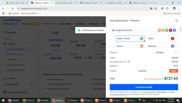 Lunaproxy checkout page showing Lunaproxy promo code box | Screenshot taken by SimplyCodes community member on Jul 7, 2025