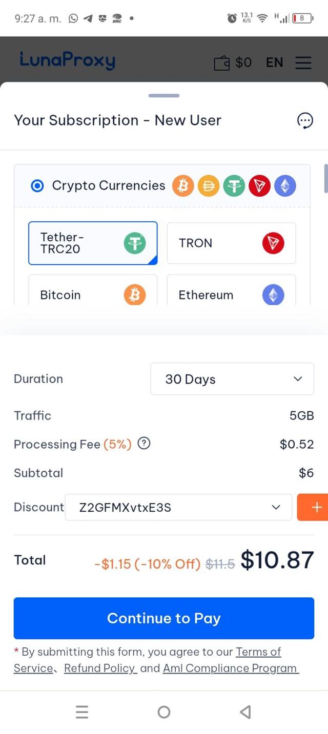 Lunaproxy checkout page showing Lunaproxy promo code box | Screenshot taken by SimplyCodes community member on Sep 9, 2025