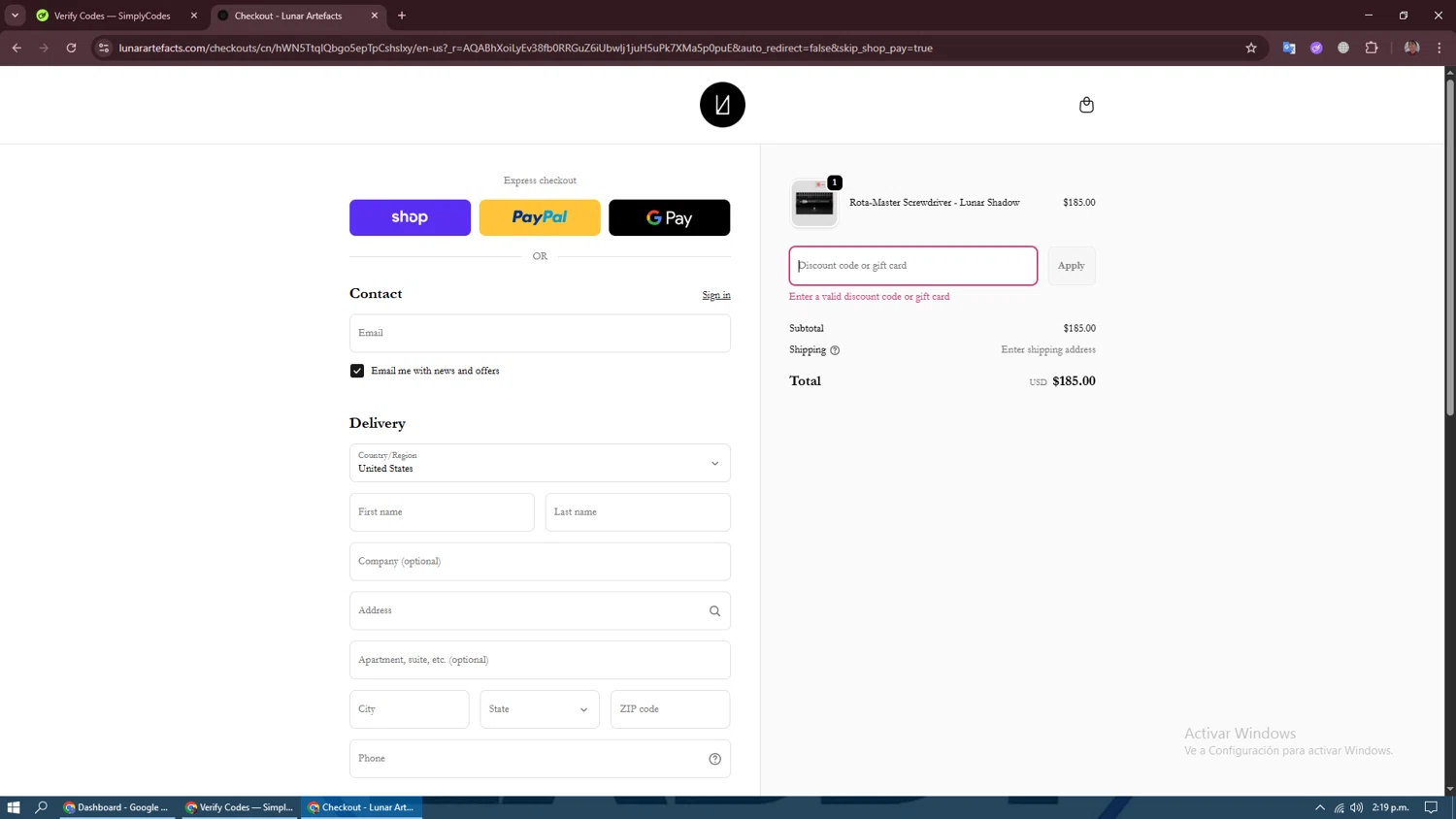 Lunar Artefacts promo code screenshot showing code WELCOME15 applied at Lunar Artefacts checkout page. Uploaded by SimplyCodes community member CraazyTroll123 on Nov 19, 2025