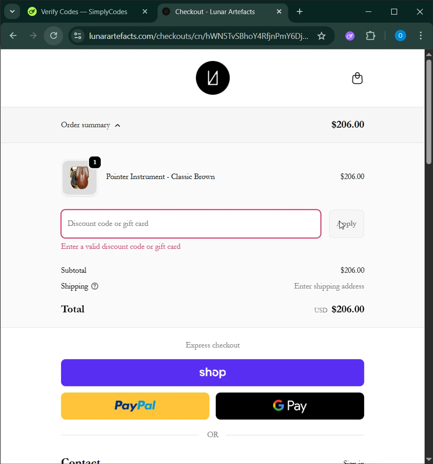 Lunar Artefacts promo code screenshot showing code WELCOME15 applied at Lunar Artefacts checkout page. Uploaded by SimplyCodes community member GoldChaser6627 on Nov 19, 2025