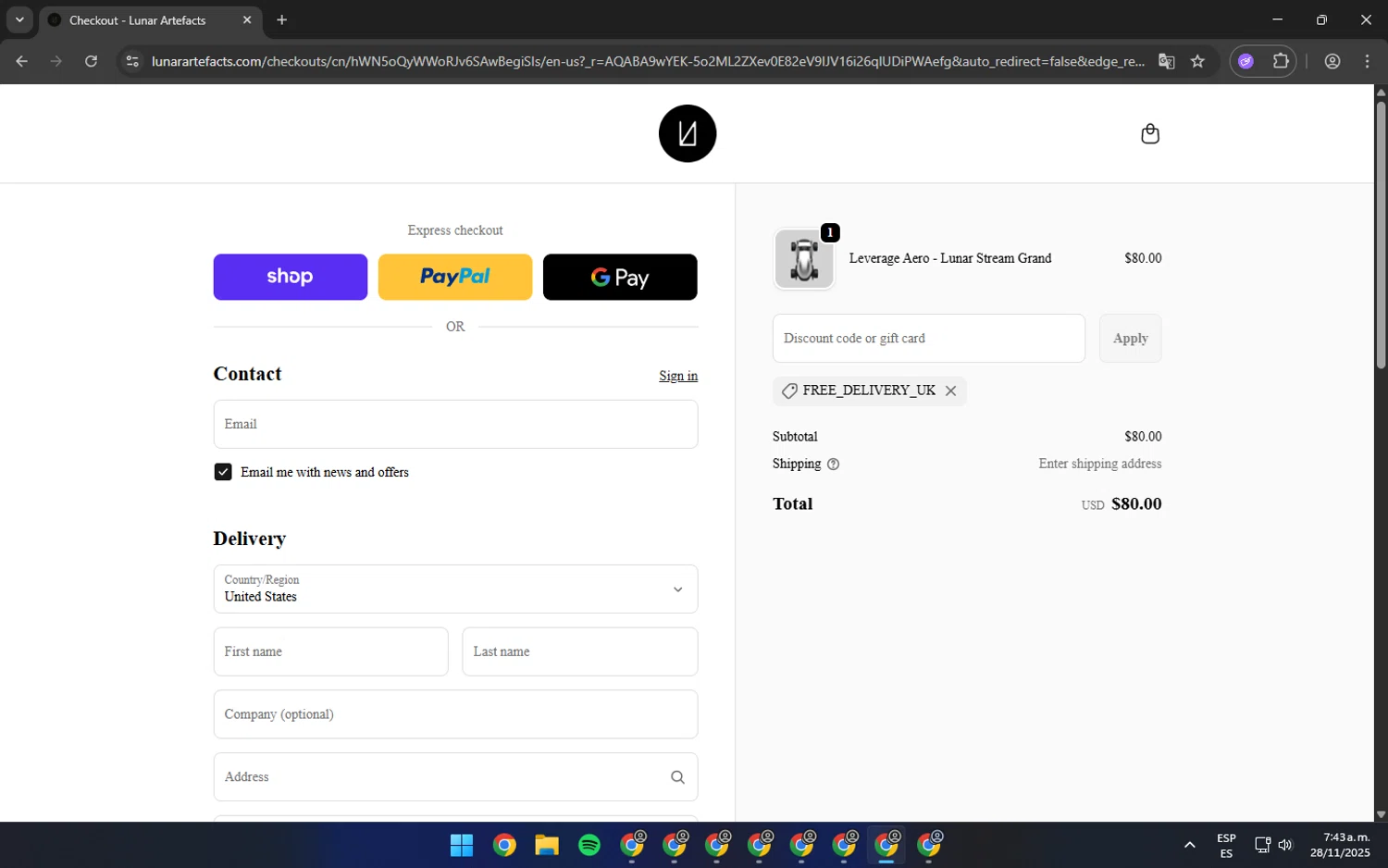 Lunar Artefacts checkout page showing Lunar Artefacts promo code box | Screenshot taken by SimplyCodes community member on Nov 28, 2025