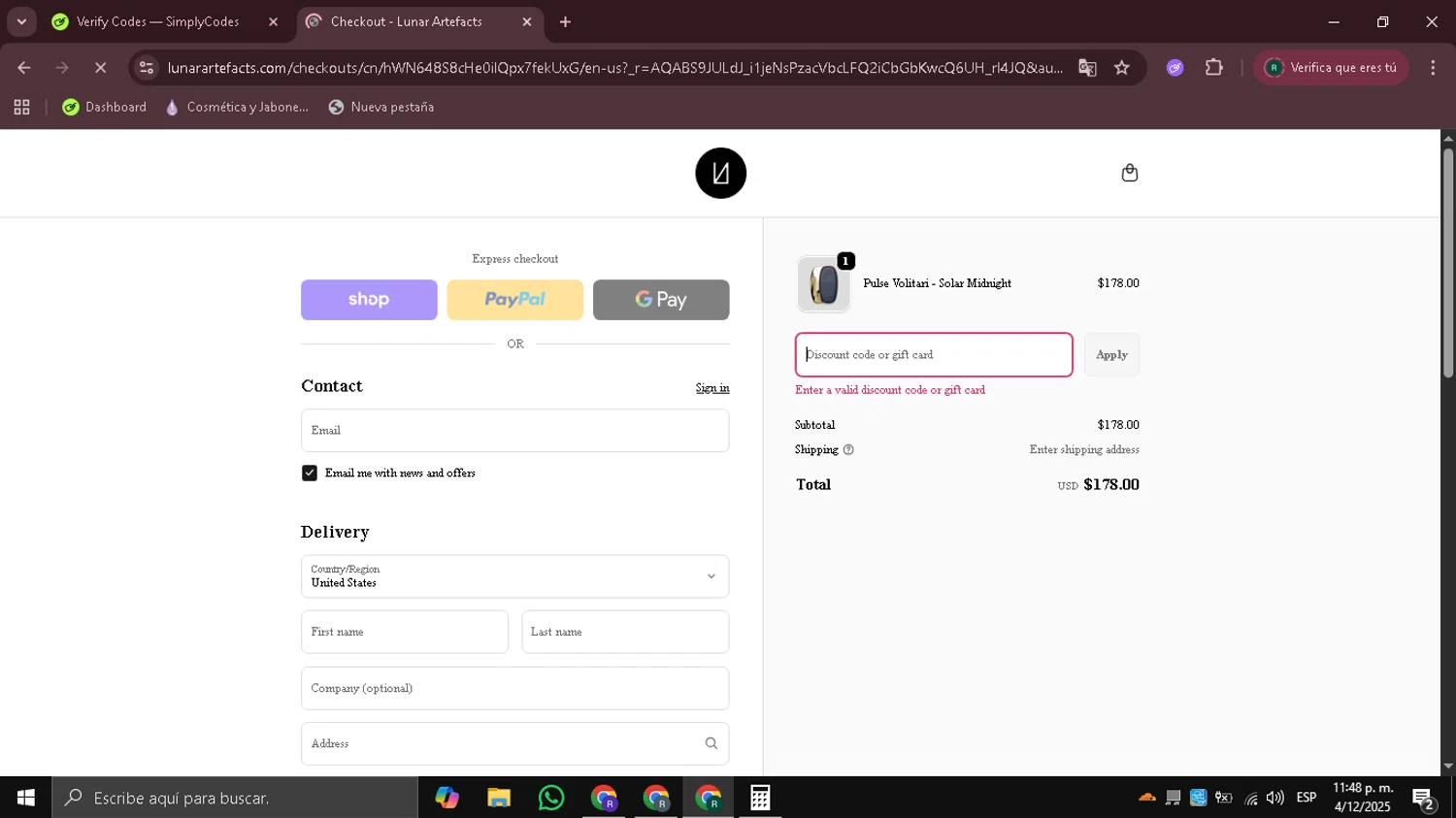 Lunar Artefacts promo code screenshot showing code FREE_DELIVERY_UK applied at Lunar Artefacts checkout page. Uploaded by SimplyCodes community member Coneflavols on Dec 5, 2025