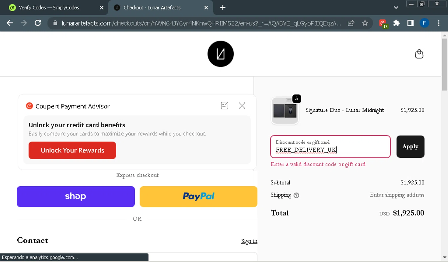 Lunar Artefacts promo code screenshot showing code FREE_DELIVERY_UK applied at Lunar Artefacts checkout page. Uploaded by SimplyCodes community member Fraimer on Dec 5, 2025