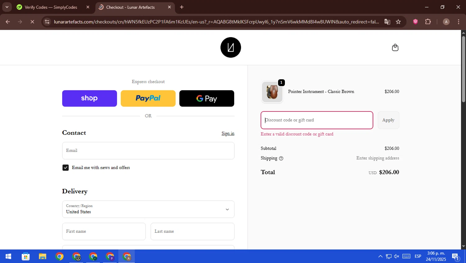 Lunar Artefacts promo code screenshot showing code CORPORDERS30AW applied at Lunar Artefacts checkout page. Uploaded by SimplyCodes community member ScanFalcon6148 on Nov 24, 2025