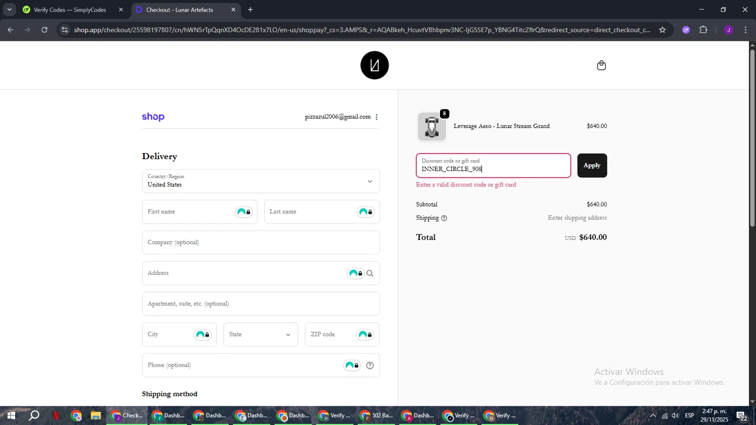 Lunar Artefacts promo code screenshot showing code INNER_CIRCLE_908 applied at Lunar Artefacts checkout page. Uploaded by SimplyCodes community member ComeBurra123 on Nov 29, 2025