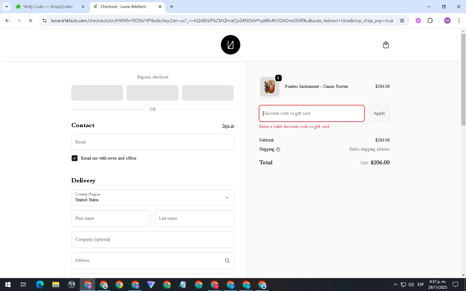 Lunar Artefacts promo code screenshot showing code INNER_CIRCLE_908 applied at Lunar Artefacts checkout page. Uploaded by SimplyCodes community member MightyShopper3015 on Nov 29, 2025